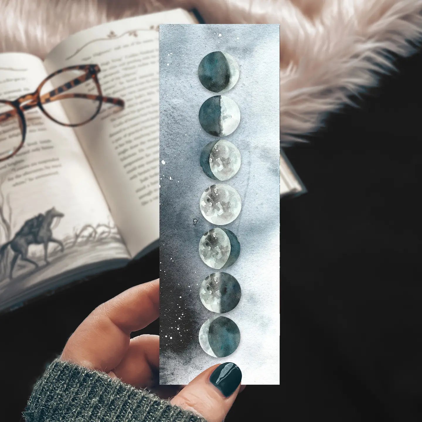 Moon Phases Watercolor Bookmark