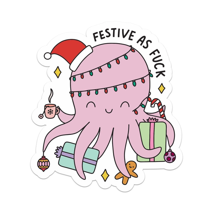 Festive As F*ck Christmas Octopus Sticker